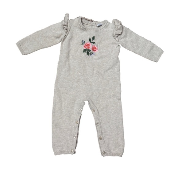 Janie and Jack Beige Floral Embroidered Ruffle One-Piece Knit Jumper 6-12 Months - Picture 1 of 16